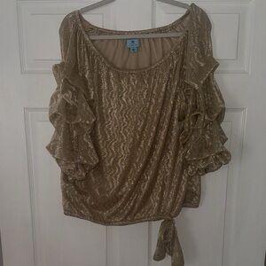 CeCe Metallic Gold Ruffle Sleeve Blouse
